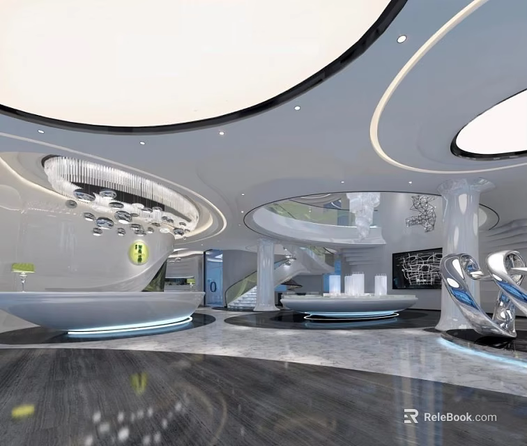 Modern Futuristic Reception Area With Circular Ceiling Lighting Sleek Desk And Staircase 3d model 