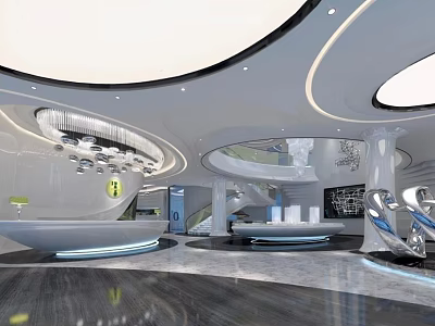 Modern Futuristic Reception Area With Circular Ceiling Lighting Sleek Desk And Staircase 3d model
