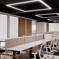 Modern Public Office Space with Open Layout White Desks Glass Partitions and Square Ceiling Lights 3d model