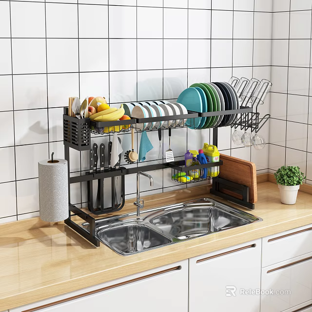 Practical Kitchenware Organizer With Dish Rack Plates Bowls Knives And Cutting Board 3d model 