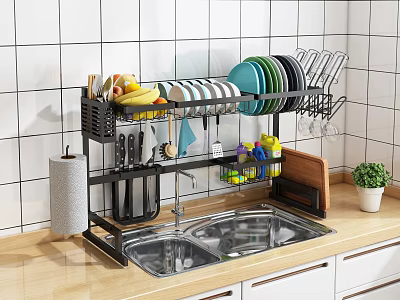 Practical Kitchenware Organizer With Dish Rack Plates Bowls Knives And Cutting Board 3d model