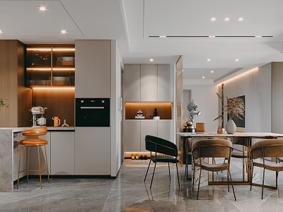 Modern Open Concept Dining Kitchen Interior With Dining Table Chairs Cabinet Lighting And Artwork 3d model