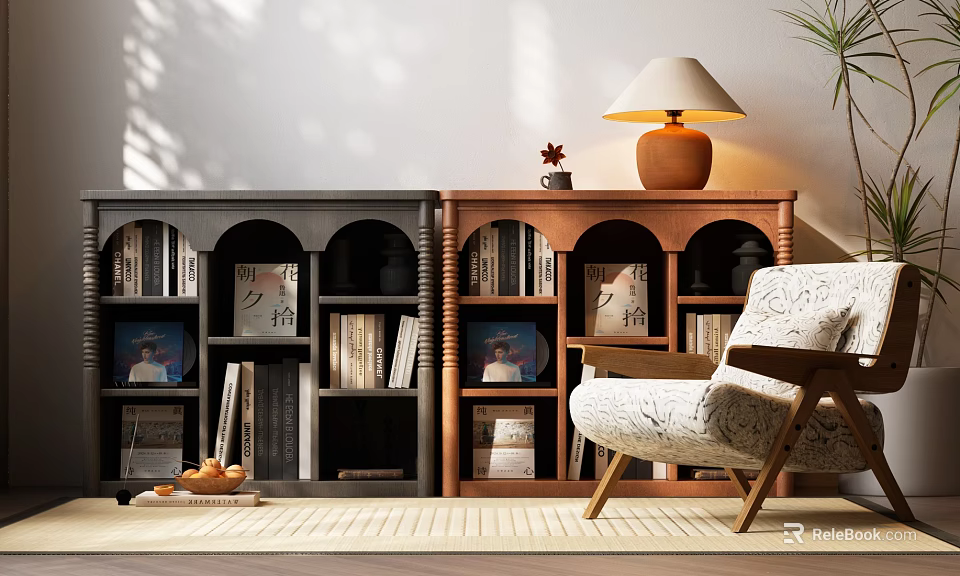 Cozy Arched Bookcases Interior With Books Decorative Items Accent Chair Table Lamp And Potted Plant 3d model 