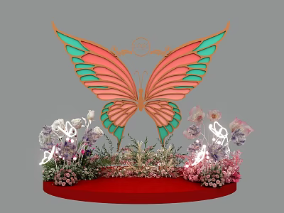 Vibrant Butterfly Shaped Decoration With Colorful Wings And Floral Arrangement On Red Platform 3d model