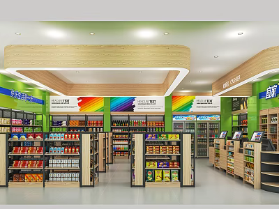 Modern Supermarket Department Store Interior With Rainbow Walls Shelves Products And Checkout Counters 3d model