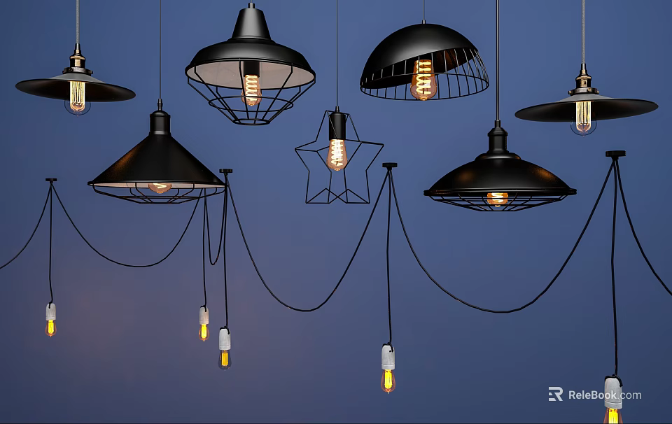 Modern Black Pendant Lights With Various Designs Star Shaped Shades And Lit Bulbs 3d model 