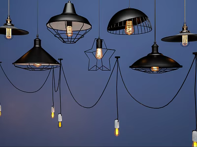 Modern Black Pendant Lights With Various Designs Star Shaped Shades And Lit Bulbs 3d model
