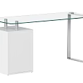 Modern Glass Top Desk With White Drawer Cabinet And Metal Frame