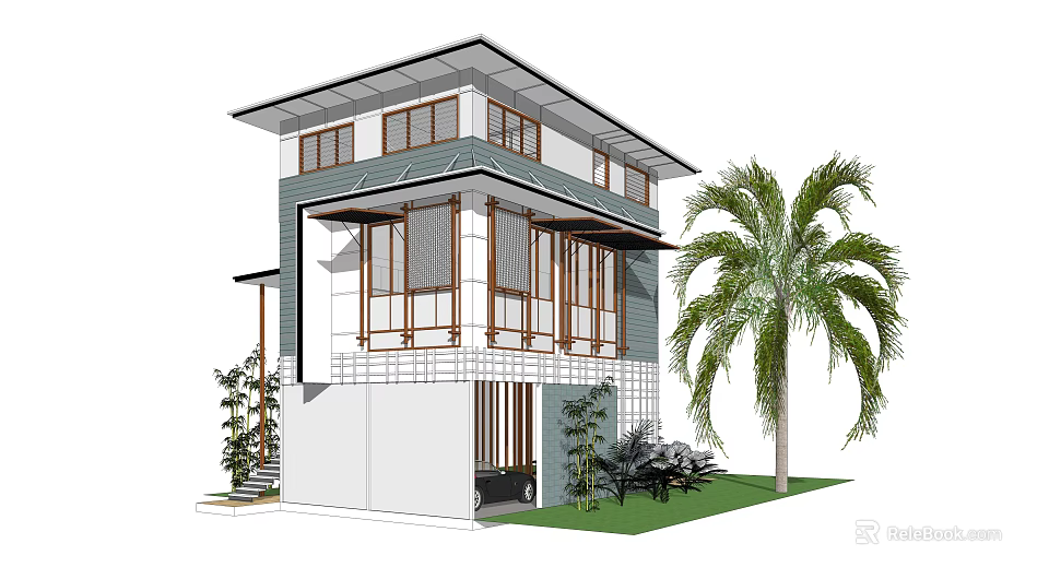 Detached House Two Story Exterior With Large Windows Palm Tree Greenery And Lawn 3d model 