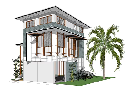 Detached House Two Story Exterior With Large Windows Palm Tree Greenery And Lawn 3d model