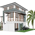 Detached House Two Story Exterior With Large Windows Palm Tree Greenery And Lawn