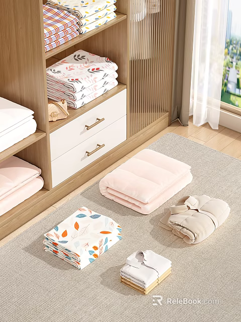 Folded Clothes In White Pink Beige With Leaf Patterns On Wooden Shelf And Carpet 3d model 