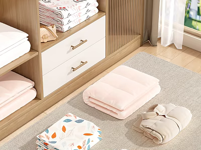 Folded Clothes In White Pink Beige With Leaf Patterns On Wooden Shelf And Carpet 3d model