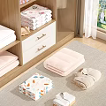 Folded Clothes In White Pink Beige With Leaf Patterns On Wooden Shelf And Carpet