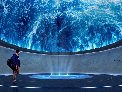 Visitor Standing at Circular Platform With Immersive Blue Wave Projection Installation 3d model