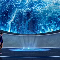 Visitor Standing at Circular Platform With Immersive Blue Wave Projection Installation 3d model