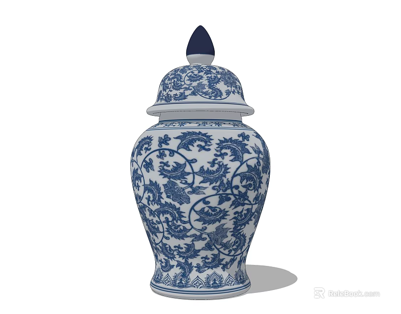 Elegant Blue and White Ceramic Lidded Jar with Intricate Floral Patterns 3d model 