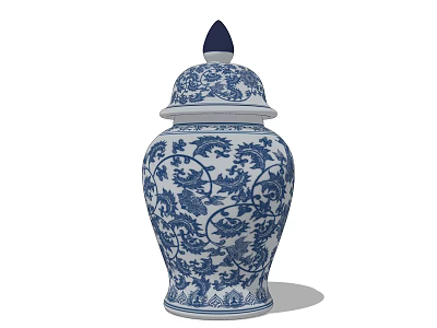 Elegant Blue and White Ceramic Lidded Jar with Intricate Floral Patterns 3d model
