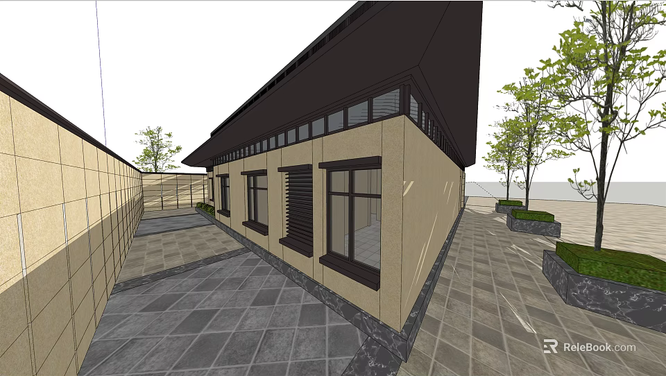 Modern Sales Office Building With Beige Wall Black Roof And Trees In Paved Courtyard 3d model 