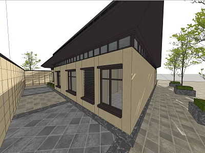 Modern Sales Office Building With Beige Wall Black Roof And Trees In Paved Courtyard 3d model