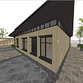 Modern Sales Office Building With Beige Wall Black Roof And Trees In Paved Courtyard