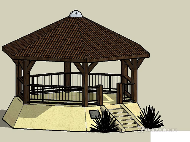 Wooden Gazebo With Brown Roof Railing Circular Base Steps And Plants 3d model 