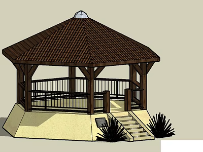 Wooden Gazebo With Brown Roof Railing Circular Base Steps And Plants 3d model
