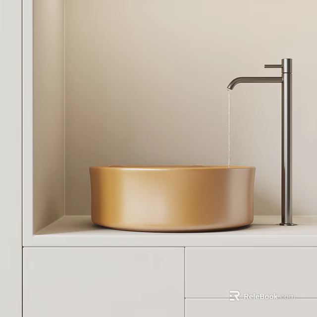 Modern Bathroom Gold Round Washbasin With Sleek Black Faucet On White Countertop 3d model 