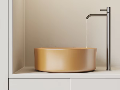 Modern Bathroom Gold Round Washbasin With Sleek Black Faucet On White Countertop 3d model
