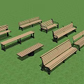 Multiple Wooden Landscape Seats On Green Grassland With People Resting And Walking