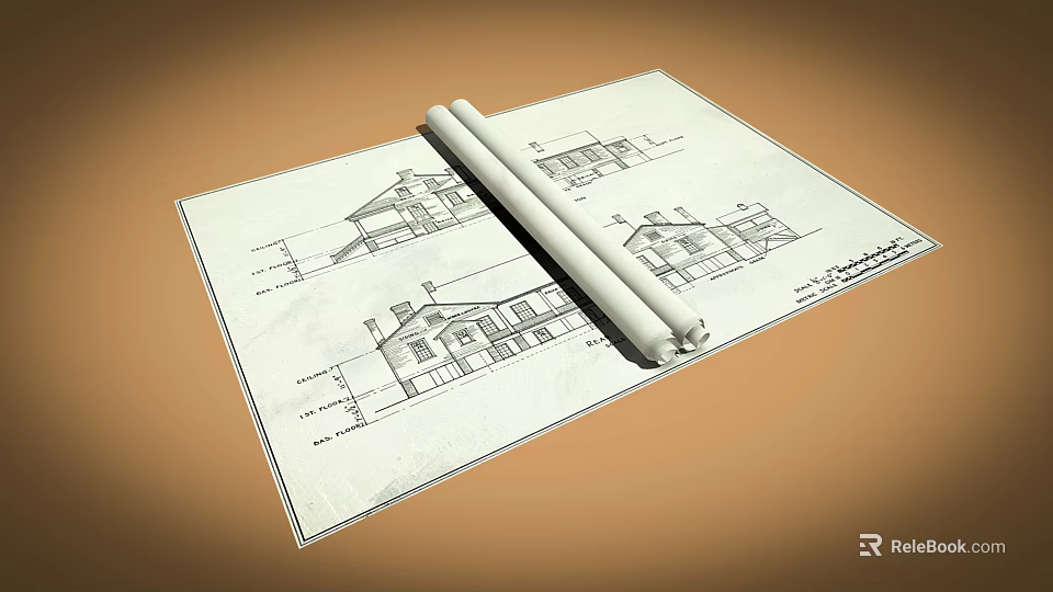 Architectural Blueprints With House Design Sketches On Unfolded And Rolled Sheets 3d model 