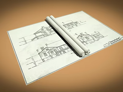 Architectural Blueprints With House Design Sketches On Unfolded And Rolled Sheets 3d model