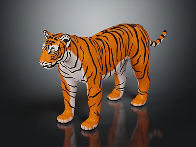 Orange Black Striped Tiger Figurine Standing On Dark Reflective Surface 3d model