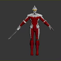 3D Character In Red White Suit With Silver Helmet And Long Sword On Gray Floor