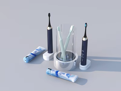 Daily Washing Essentials With Electric Toothbrushes Blue And White Toothpaste And Transparent Holder 3d model