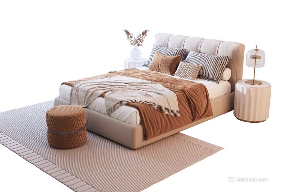 Modern Cozy Double Bed With Beige Headboard Brown Bedding And Decorative Pillows 3d model 