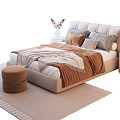 Modern Cozy Double Bed With Beige Headboard Brown Bedding And Decorative Pillows