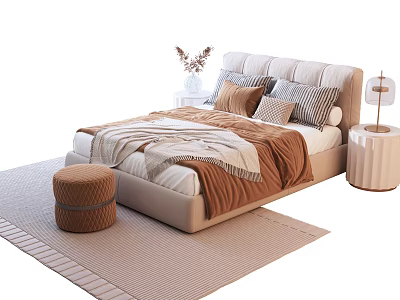 Modern Cozy Double Bed With Beige Headboard Brown Bedding And Decorative Pillows 3d model