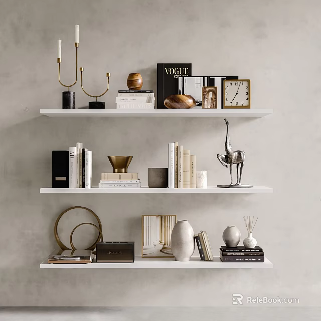 Modern Minimalist Decorative Ornament Combination on White Shelves with Books Golden Decor Clock and Vases 3d model 