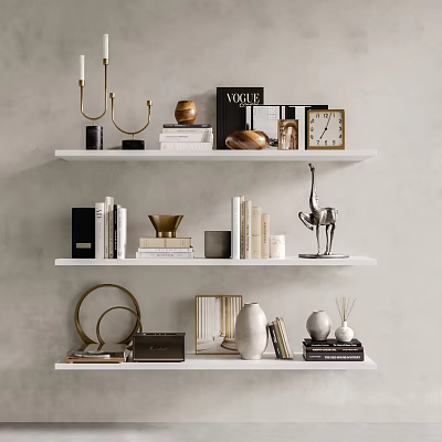 Modern Minimalist Decorative Ornament Combination on White Shelves with Books Golden Decor Clock and Vases 3d model