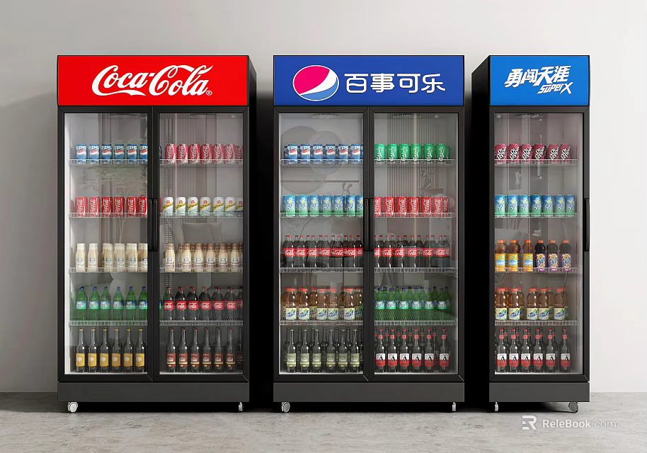 Commercial Display Fridges Filled With Coca-Cola Pepsi And Laoshan Beer Bottled Drinks In Retail Store 3d model 