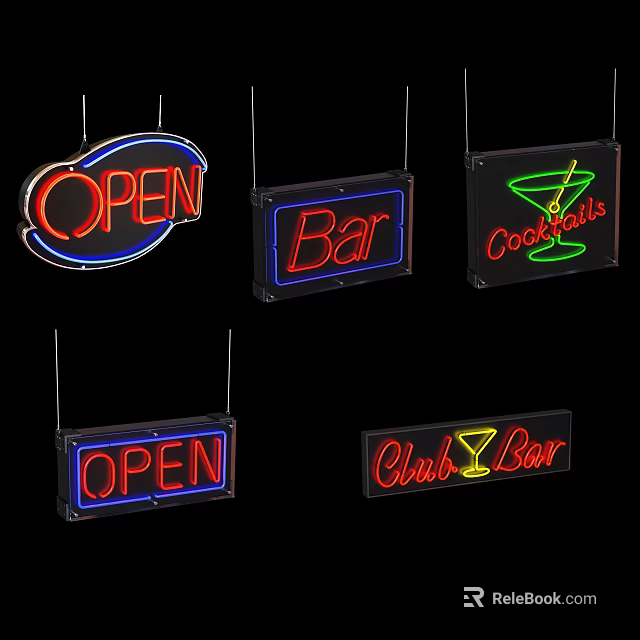 Neon Decorative Lights with OPEN Bar Cocktails Club Signs for Commercial Use 3d model 