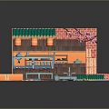 Cartoon Scene Of Colorful Stall With Green Roof Red Brick Wall And Cherry Blossom Decorations