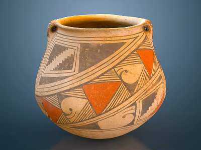 Ancient Clay Pot With Orange Triangles Black Spirals And Geometric Patterns 3d model
