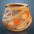 Ancient Clay Pot With Orange Triangles Black Spirals And Geometric Patterns
