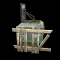 Old Rusted Green Metal Building Structure With Open Lid And Broken Wooden Fence Gate