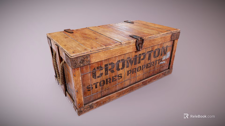 Vintage Wooden Box With Crompton Stores Property Label And Metal Clasps 3d model 