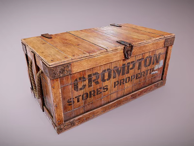 Vintage Wooden Box With Crompton Stores Property Label And Metal Clasps 3d model