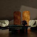 Elegant Single Sofas With White Cushion Brown Frame Green Stone Coffee Table And Wooden Panels