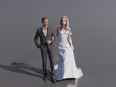 Bride and Groom Standing Together in White Wedding Dress and Formal Suit 3d model